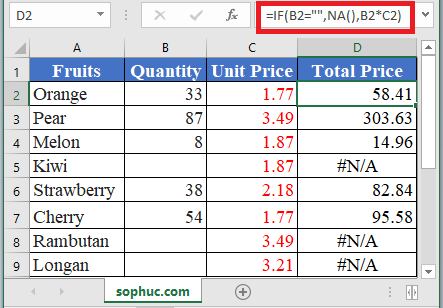How to use NA Function in Excel