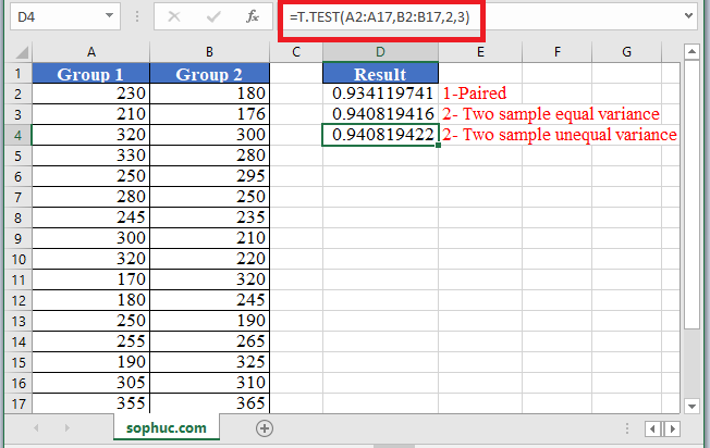 T.TEST Function 2 - How to use T.TEST Function in Excel